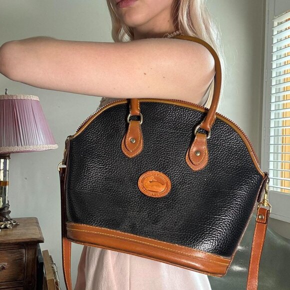 Vintage Dooney & Bourke Black & Tan Dome Satchel Crossbody - Picture 1 of 8